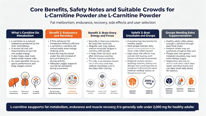 Core Benefits, Safety Notes and Suitable Crowds for L-Carnitine Powder
